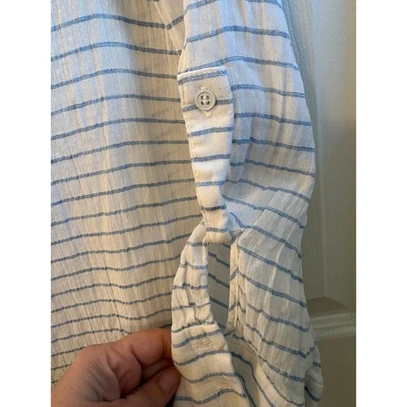 Alice + Olivia Blue White Striped Linen Blend Tunic Button Shirt Coastal Small - Picture 3 of 9
